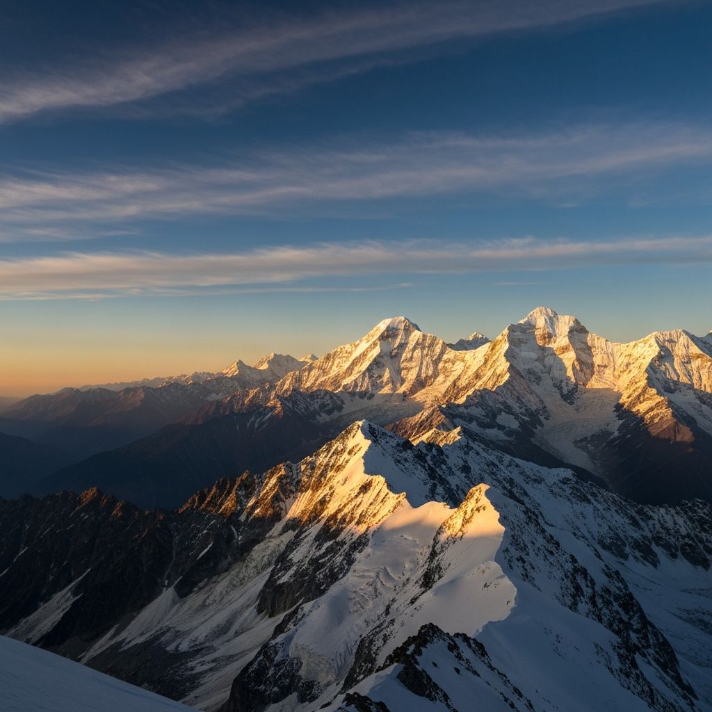 Himalayan ridgeline at golden hour with snow-capped peaks